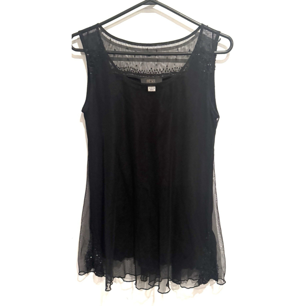 Vintage Diesel Y2K Sequin Mesh Tunic Camisole Black Layered Black Lined XS/S